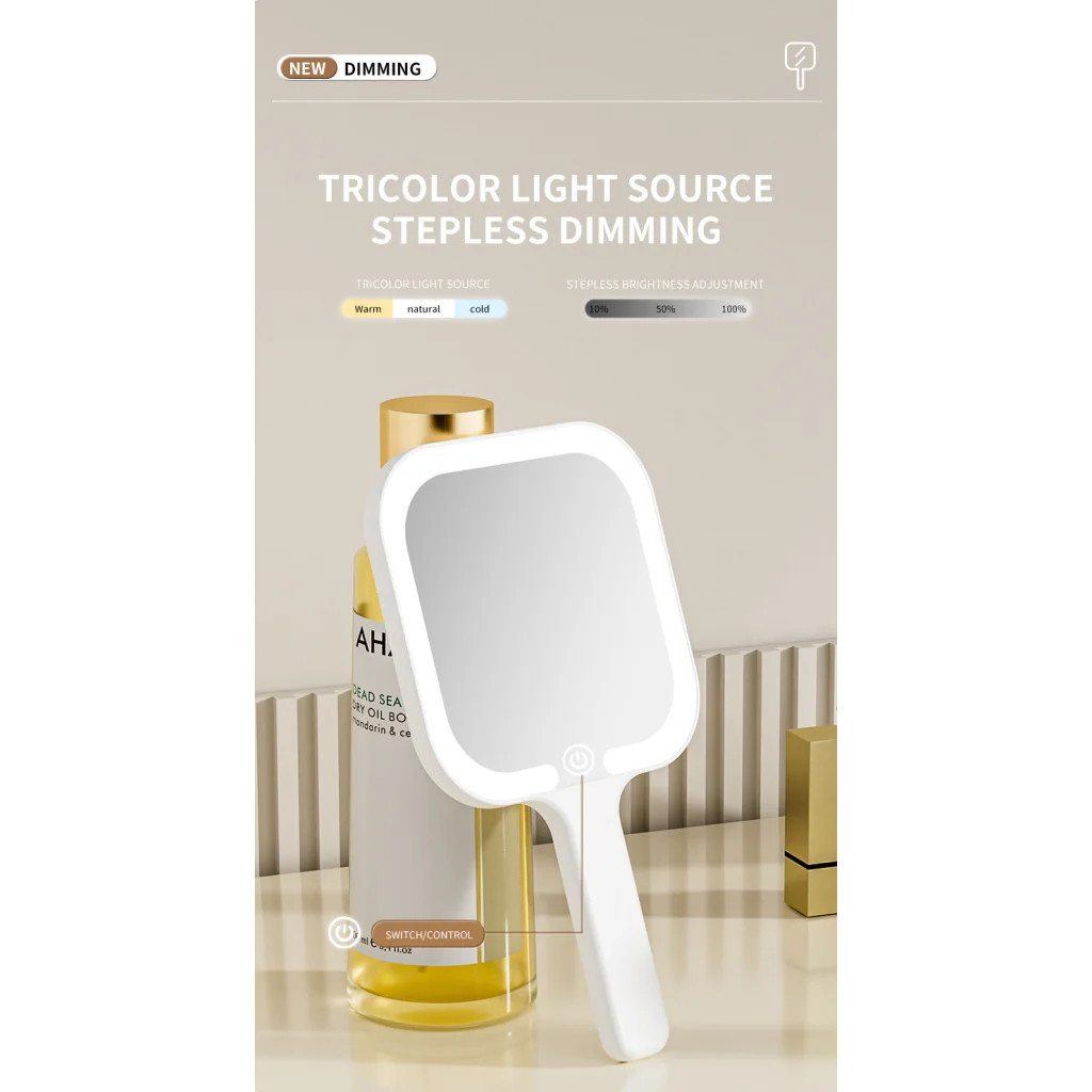 Light Yellow Round Portable Handheld LED Makeup Mirror