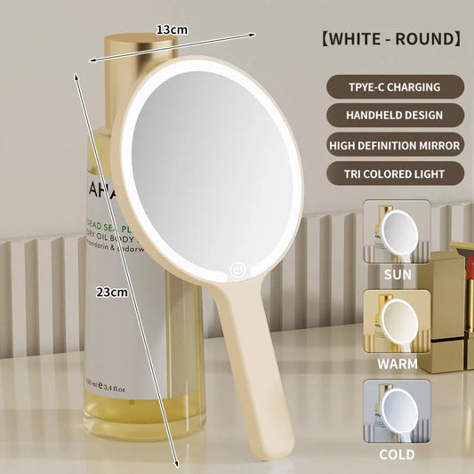 Light Yellow Round Portable Handheld LED Makeup Mirror
