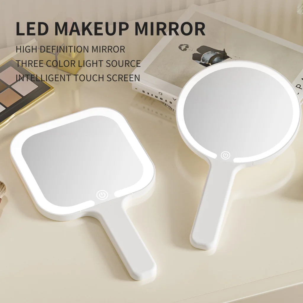 Light Yellow Round Portable Handheld LED Makeup Mirror
