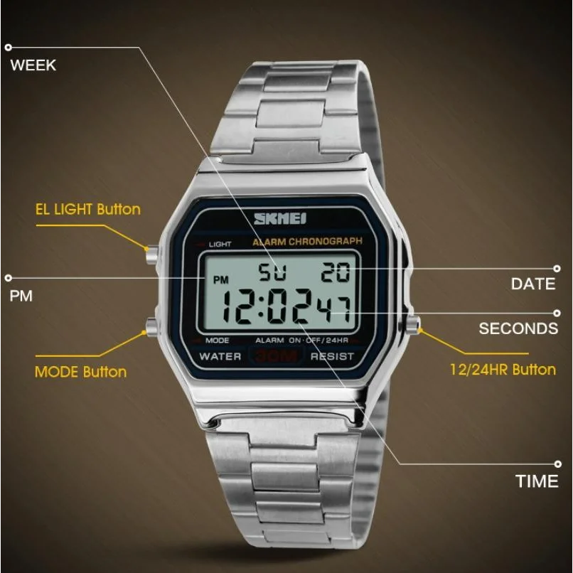 Lightweight Waterproof Men Electronic Watch with Steel Band