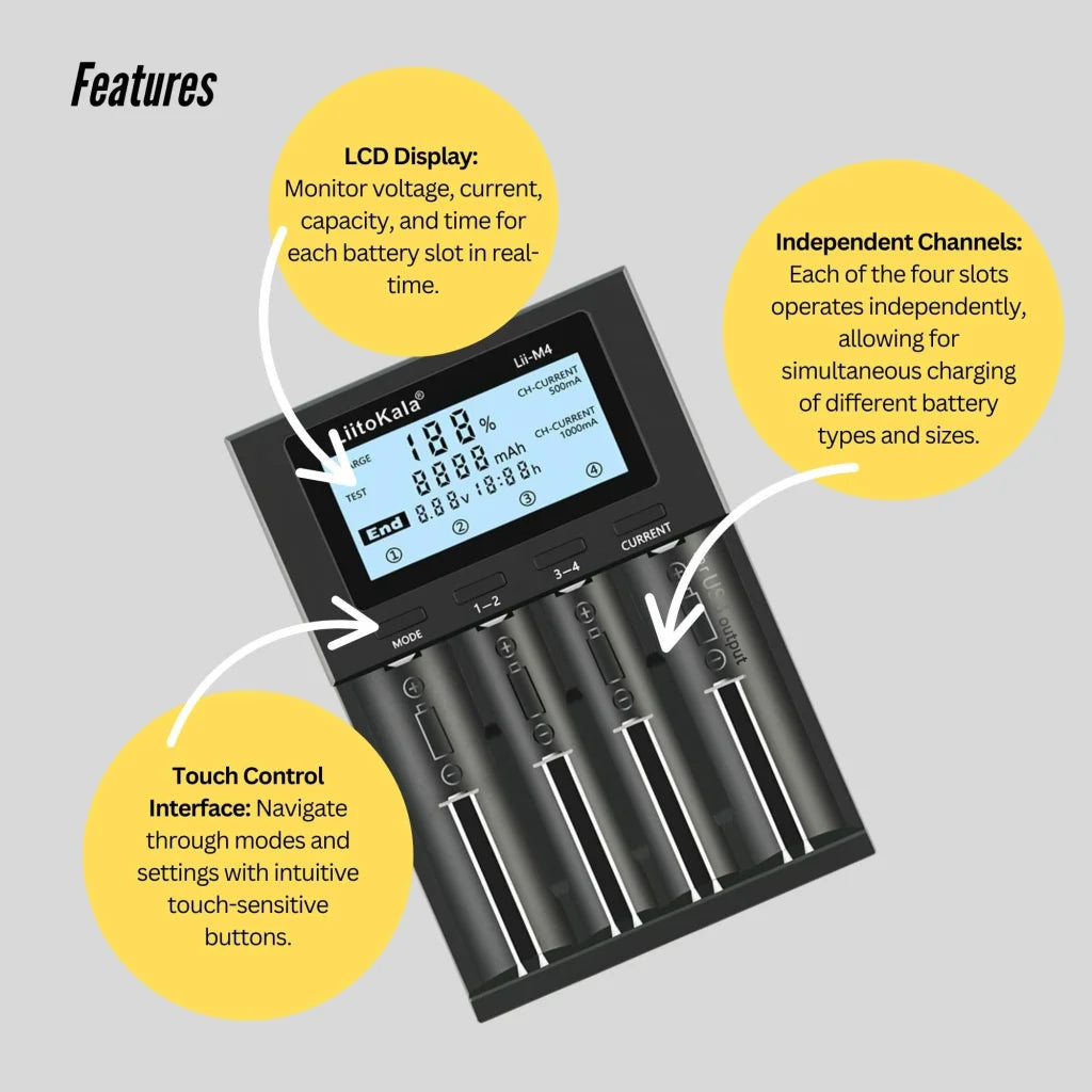 LiitoKala Lii-M4 Smart Battery Charger LCD - 4-Slot USB