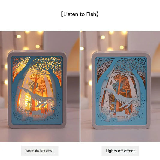 Listening To Fish Style 3D Paper Carving Night Light - USB