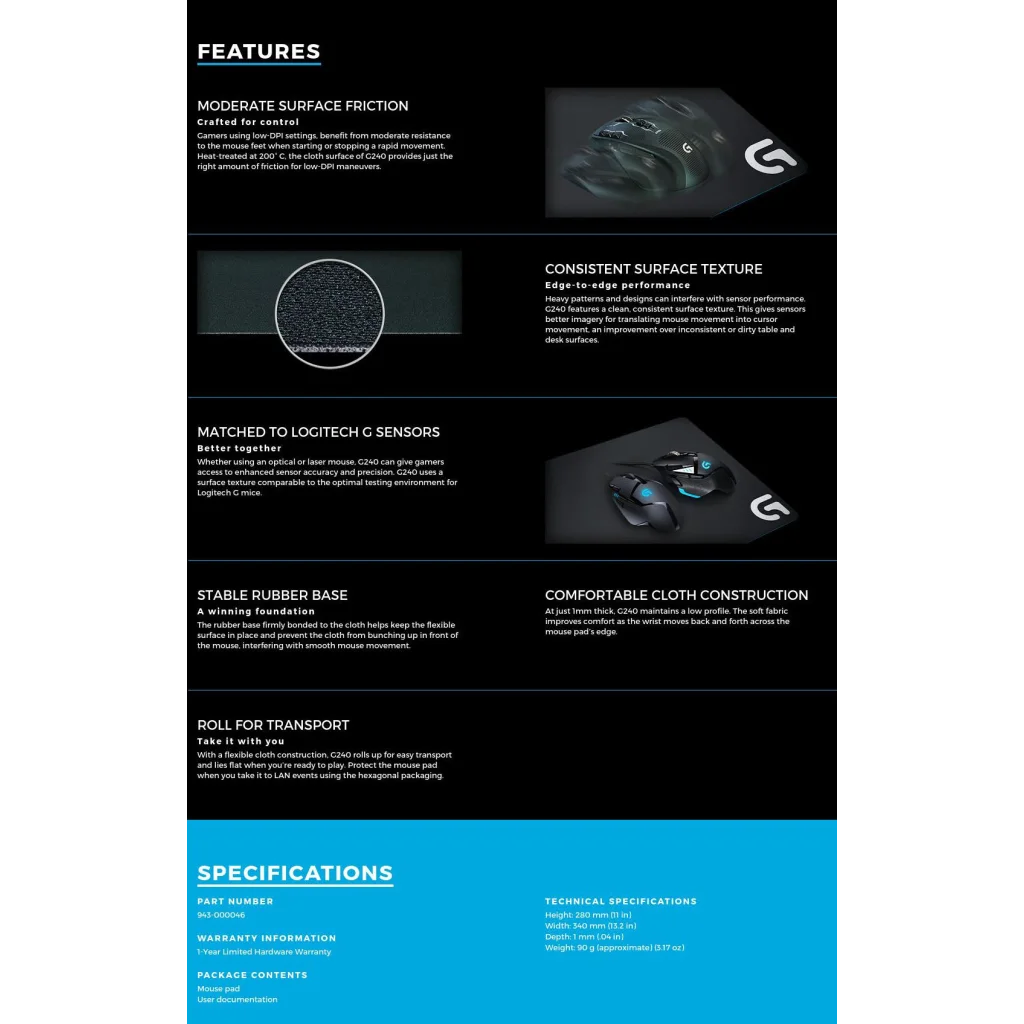 Logitech G240 Cloth Gaming Mouse Pad - 943-000046
