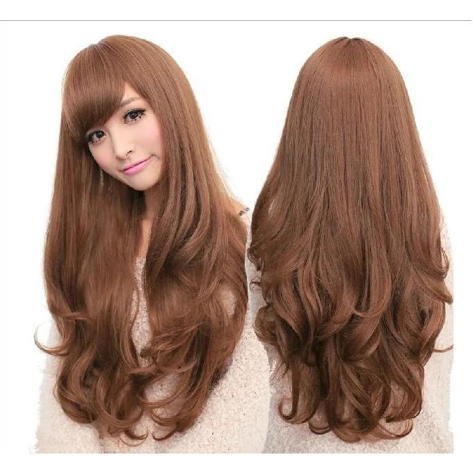 Long Wavy Curly Full Hair Wigs w Side Bangs Cosplay Costume