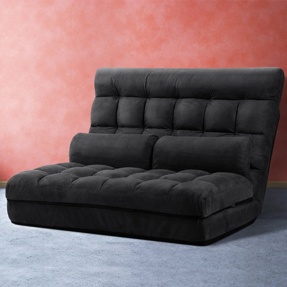 Charcoal floor lounge sofa with velvet cushion panels and foldable sofa base