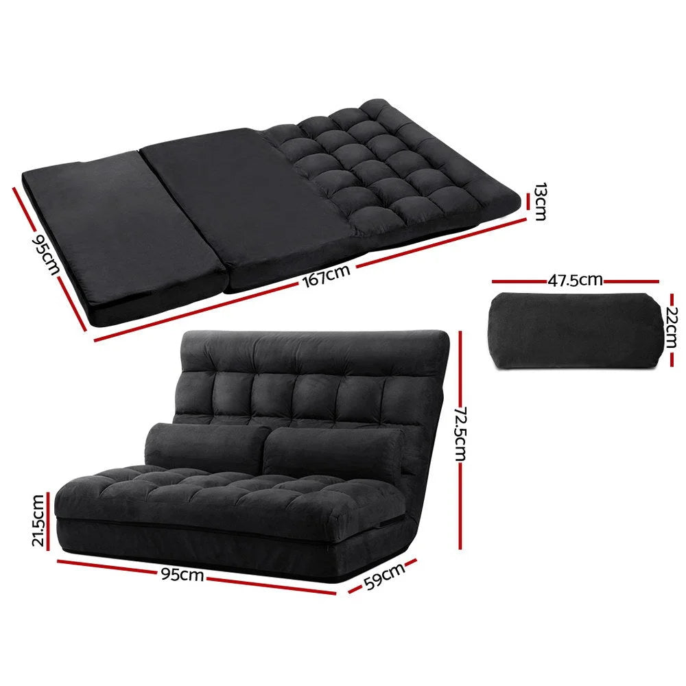 Lounge Sofa Bed 2‑Seater Floor Folding Suede Charcoal