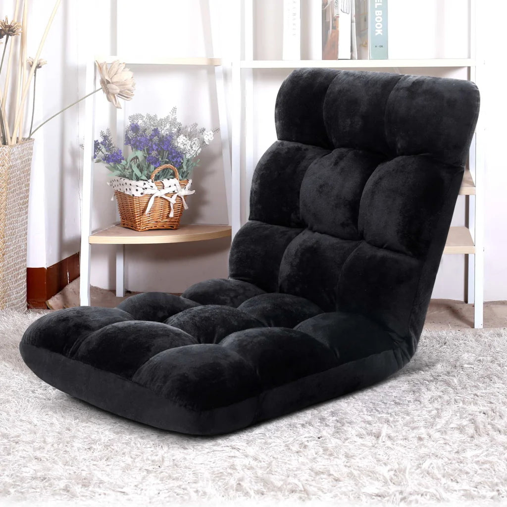 Black floor lounge sofa with grey floor lounge cushions and backrest panels