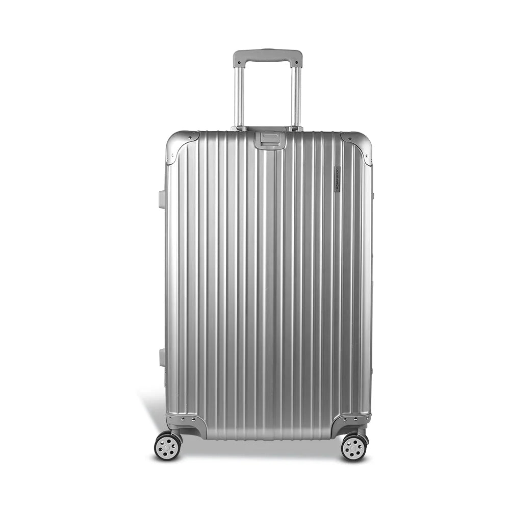 Silver aluminum storage trolley with portable shelves and caster wheels