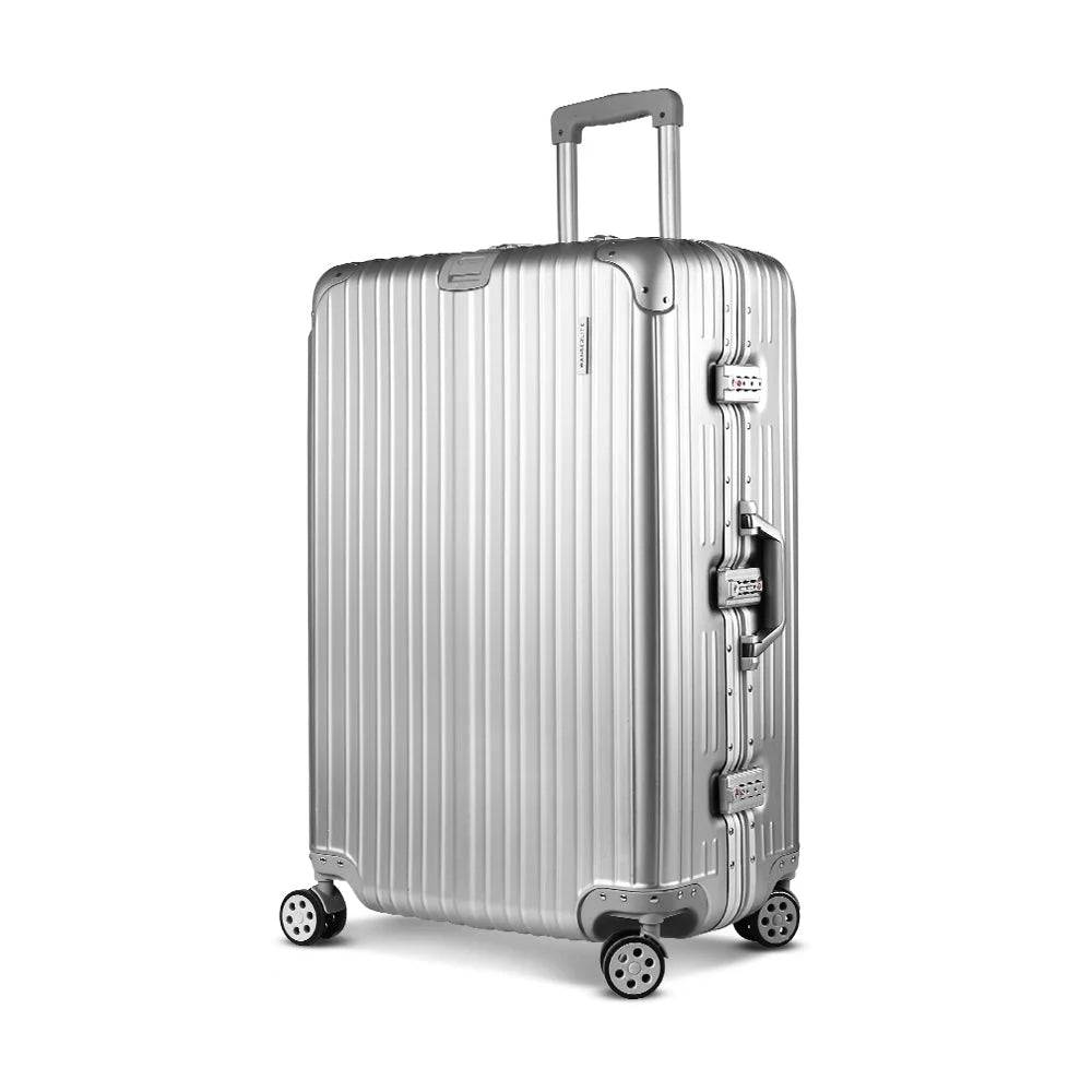 Silver aluminum aluminium trolley with shelves and rolling wheels