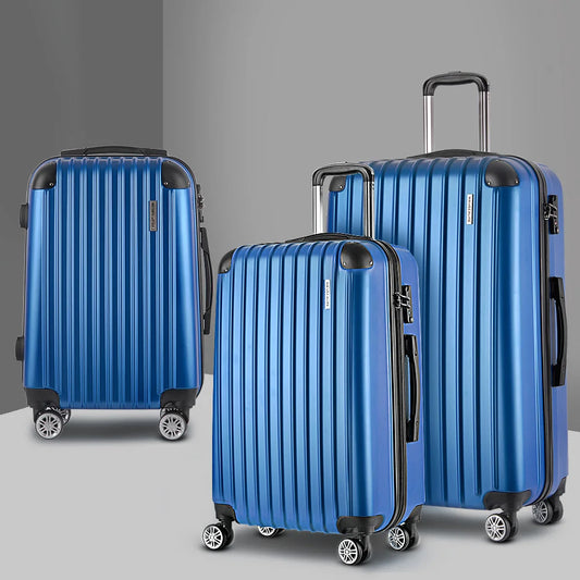 Blue trolley with luggage travel suitcase hard