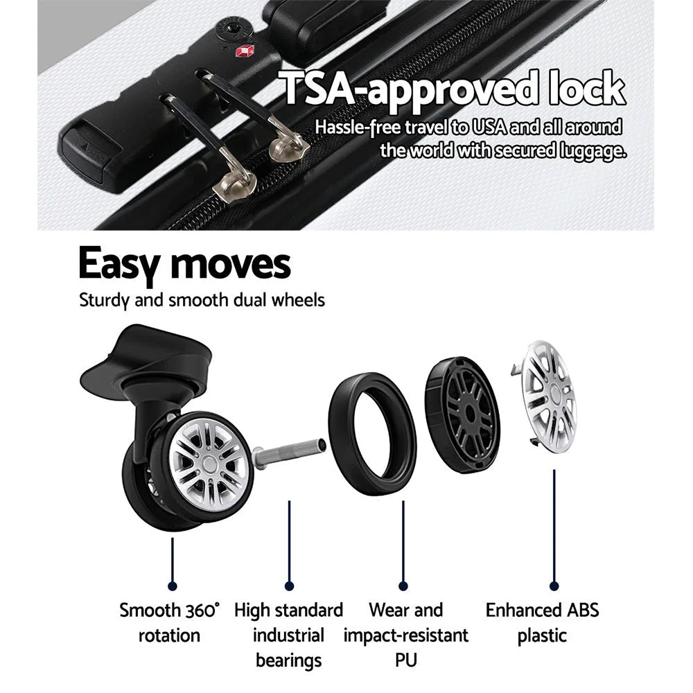 Luggage Trolley Set 3pcs Travel Suitcase Hard Shell Case Tsa Strap White