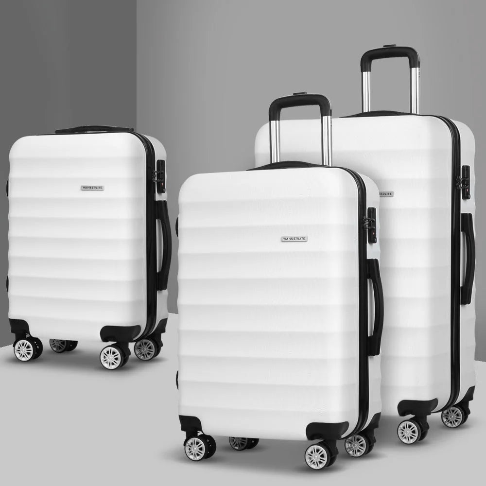 White Luggage Trolley Set 3pcs Travel Suitcase Hard Shell Case Tsa Strap