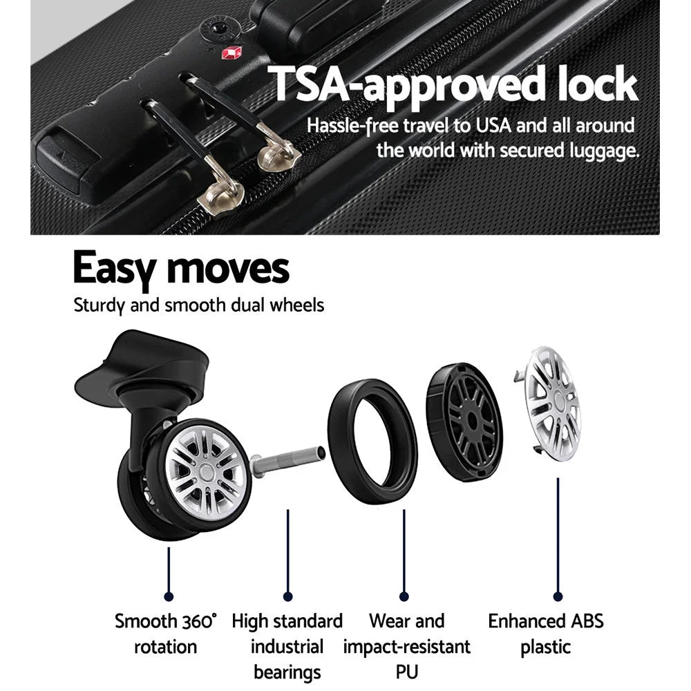 Luggage suitcase trolley with front panel hardware and fitted edges
