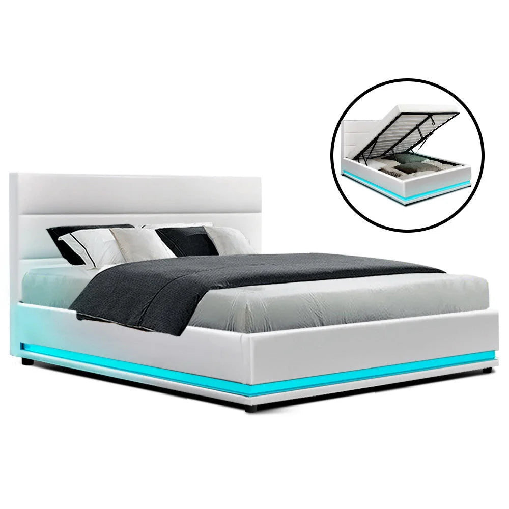 Lumi LED Bed Frame PU Leather Gas Lift Storage White Double