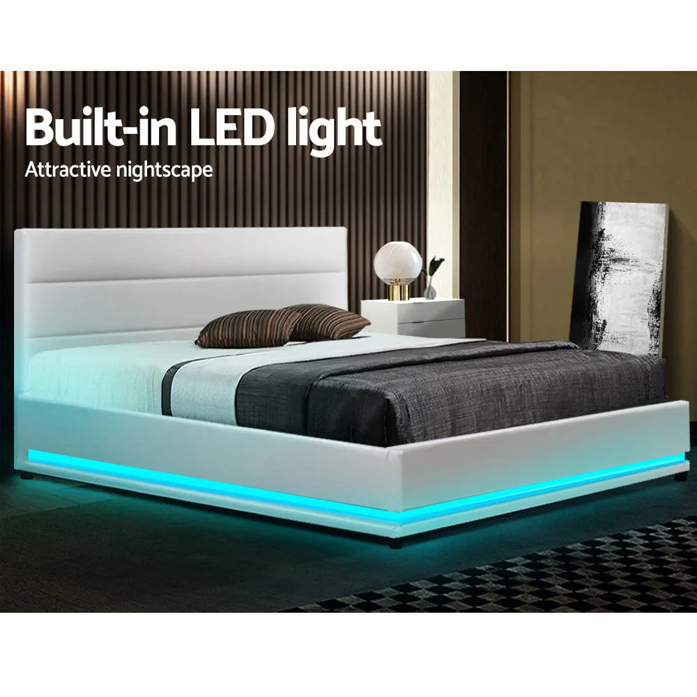 Lumi LED Bed Frame PU Leather Gas Lift Storage White Double