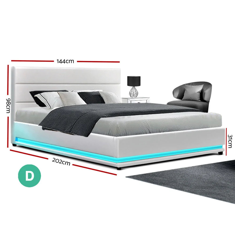 Lumi LED Bed Frame PU Leather Gas Lift Storage White Double