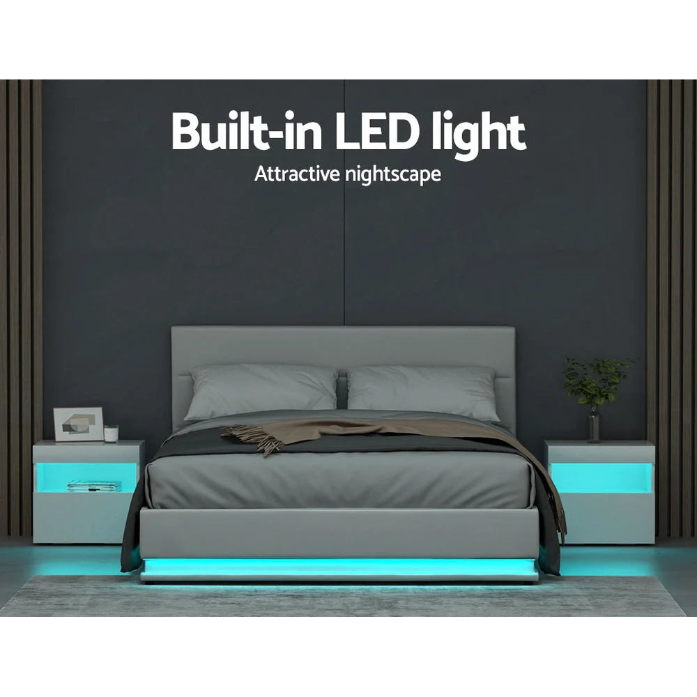 Lumi LED Bed Frame PU Leather Gas Lift Storage White Queen