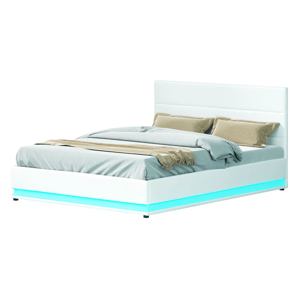 Lumi LED Bed Frame PU Leather Gas Lift Storage White Queen