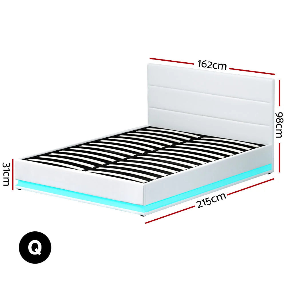 Lumi LED Bed Frame PU Leather Gas Lift Storage White Queen