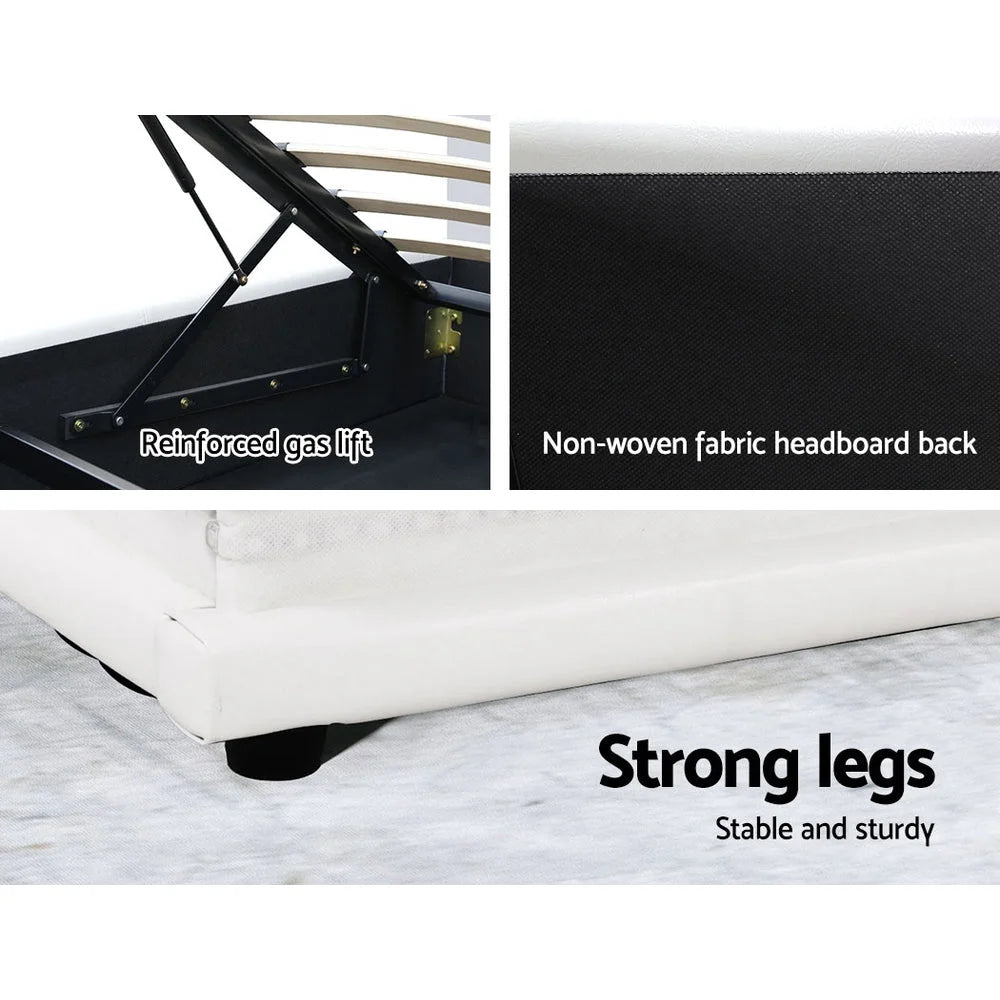 Lumi LED Bed Frame PU Leather Gas Lift Storage White Queen