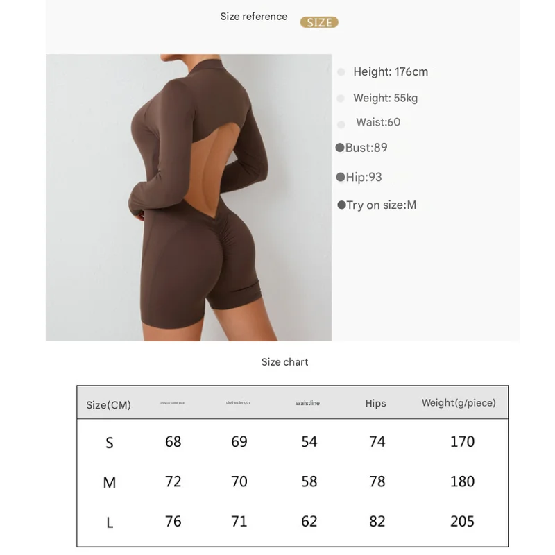 M Blue Backless Scrunch Butt Workout Jumpsuit - Long-Sleeve