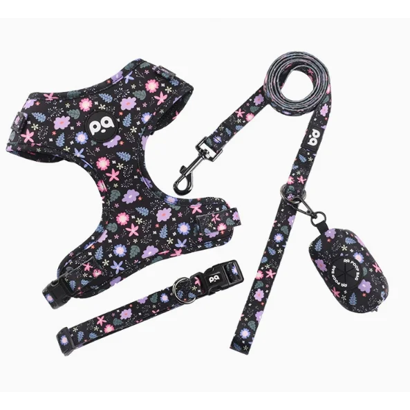 M Crushed Black Adjustable Soft Pet Harness with Leash &