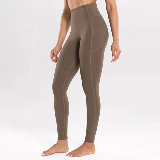 M Dark Khaki High-Waist Seamless Yoga Leggings with Pockets