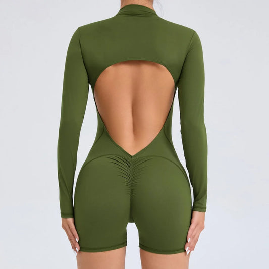 M Green Backless Scrunch Butt Workout Jumpsuit