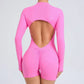 M Pink Backless Scrunch Butt Workout Jumpsuit - Long-Sleeve