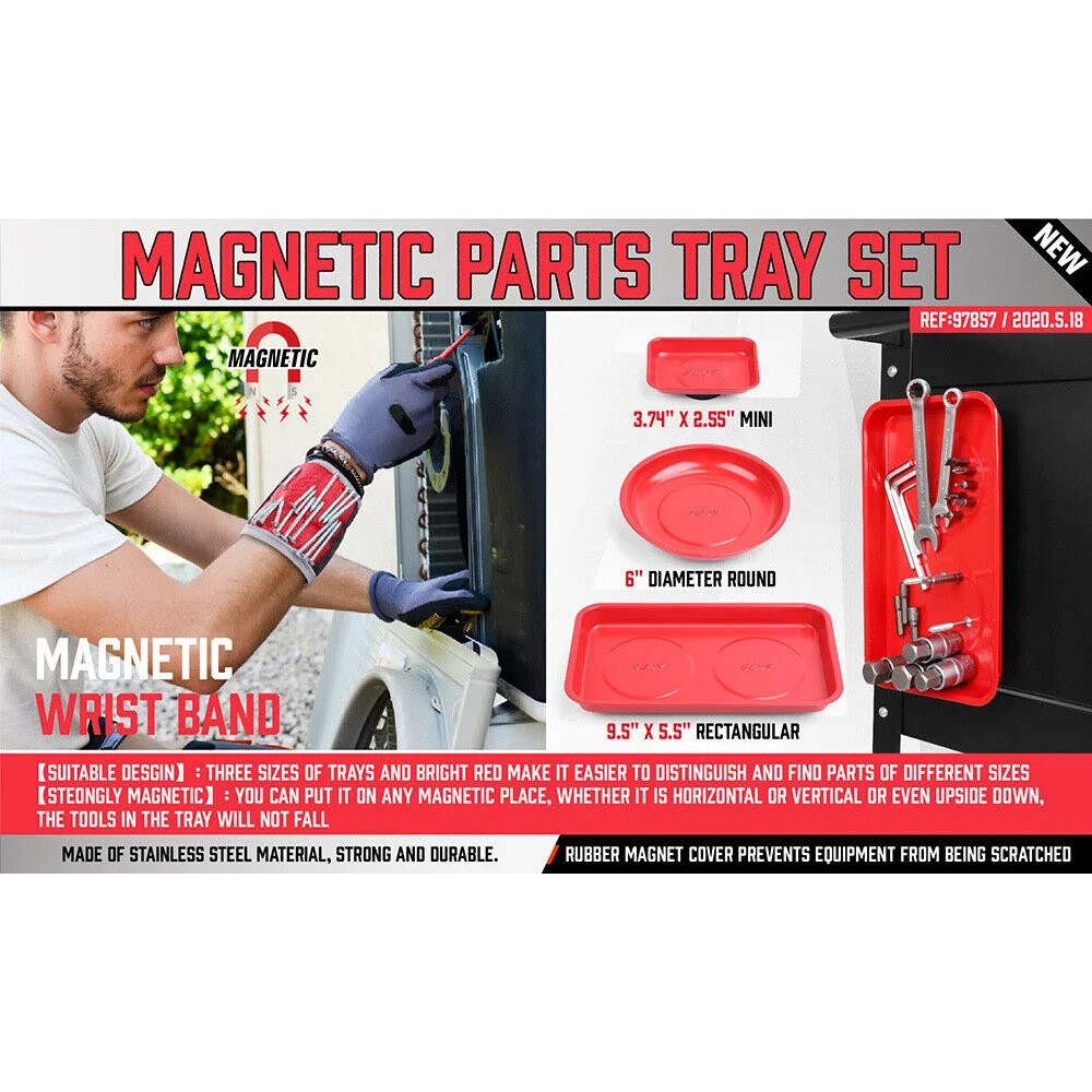 Magnetic Parts Holder Set 4Pc Wrist Band Magnet Tray Screws