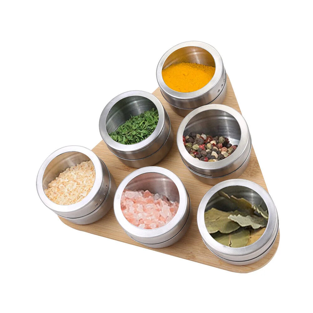 Magnetic Triangular Bamboo Spice Rack & Jars For Kitchen