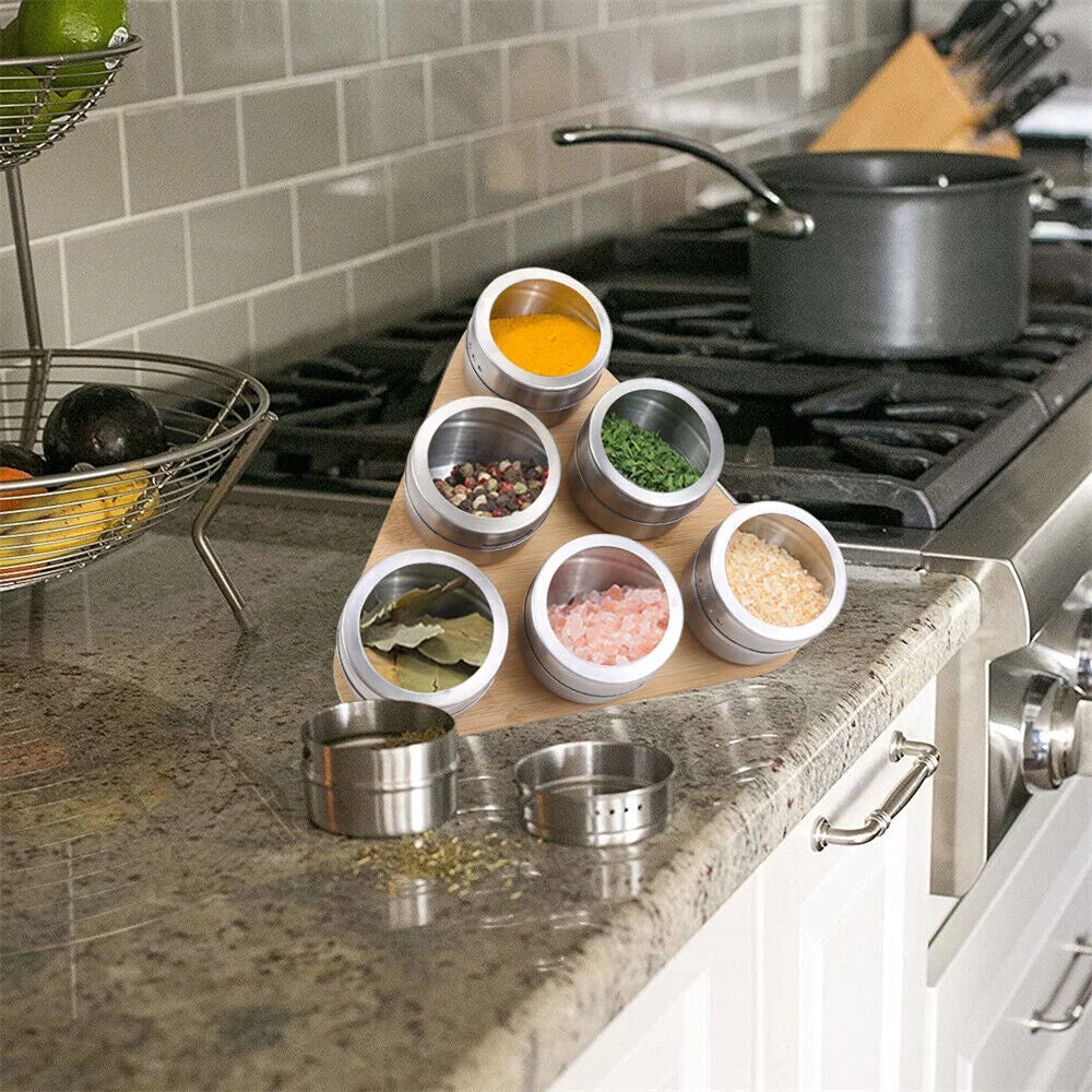 Magnetic Triangular Bamboo Spice Rack & Jars For Kitchen