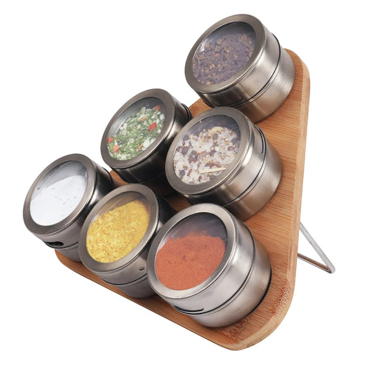 Magnetic Triangular Bamboo Spice Rack & Jars For Kitchen