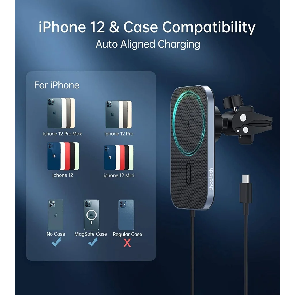 Magnetic Wireless Car Charger Holder 15W with 1.5M Cable