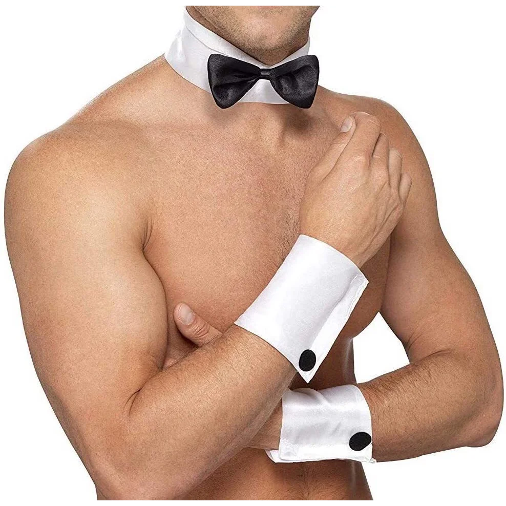 Male Stripper Set Costume Cuffs Collar & Bow Tie Waiter Fun