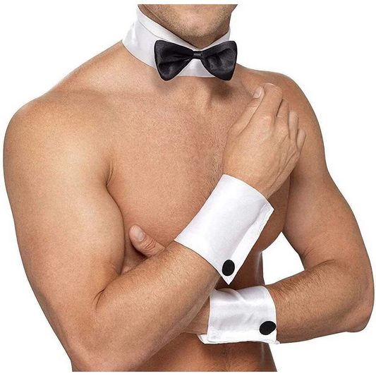 Male Stripper Set Costume Cuffs Collar & Bow Tie Waiter Fun