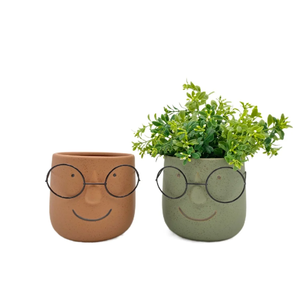 Man w Metal Glasses in Ceramic Pot Planter Assort 13x14cm