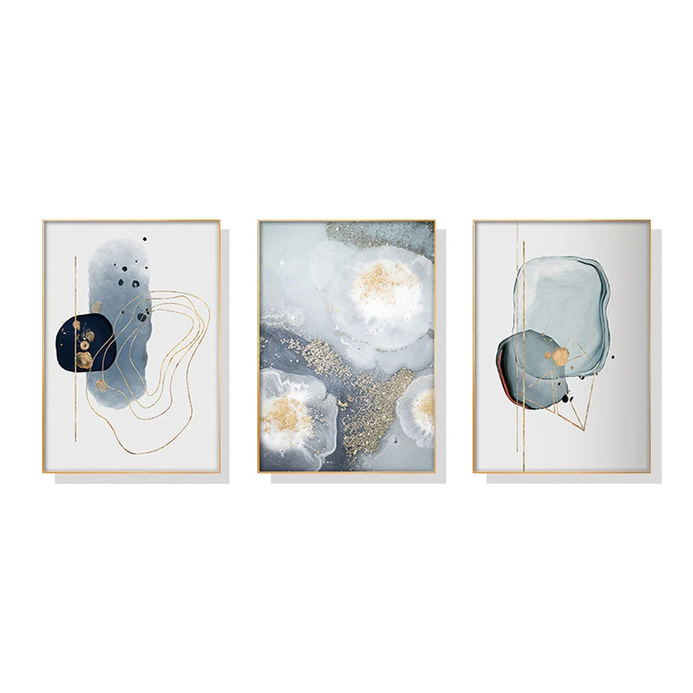 Marbled Light Grey Wall Art - 3 Sets Gold Frame Canvas 40cm