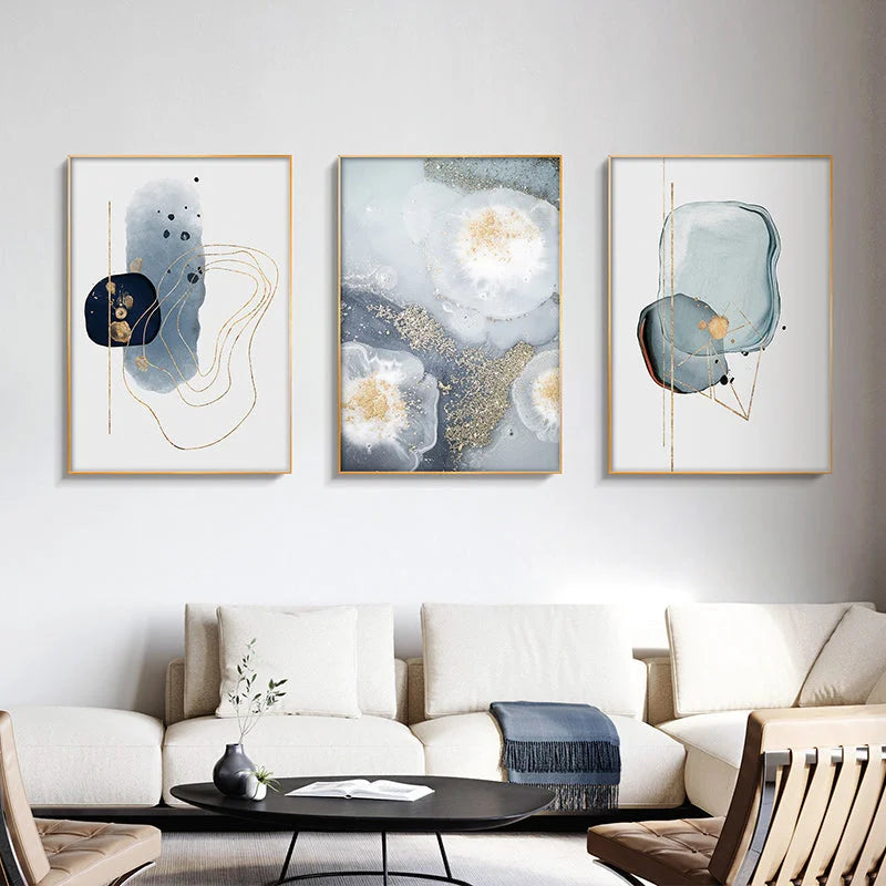 Marbled Light Grey Wall Art - 3 Sets Gold Frame Canvas 60cm