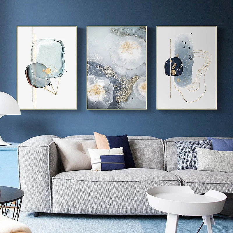 Marbled Light Grey Wall Art - 3 Sets Gold Frame Canvas 60cm