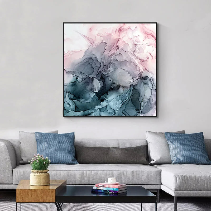 Marbled Pink Grey Black Frame Canvas Wall Art 70cm x 70cm