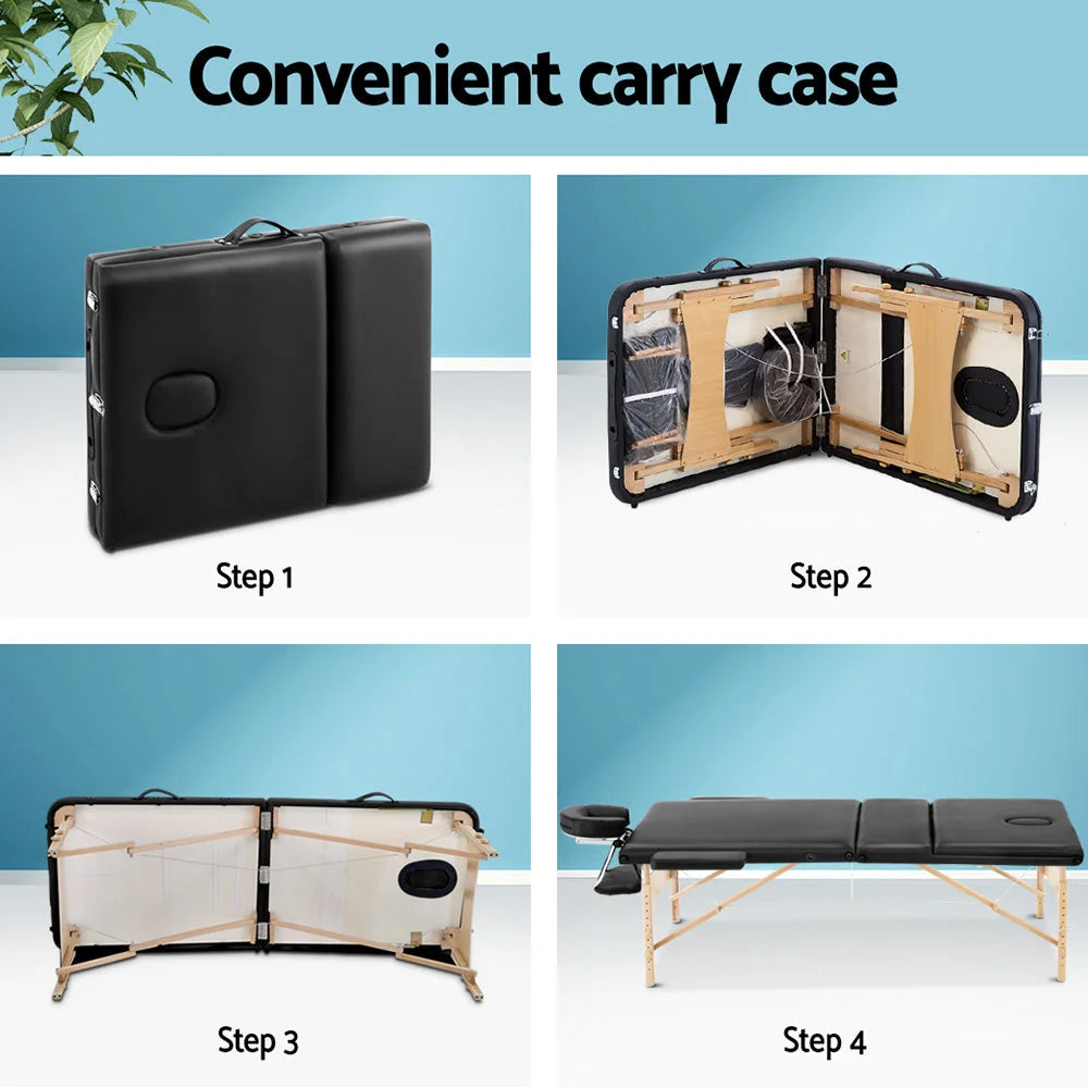Massage Table 3-Fold Portable Wood - Black - Massage