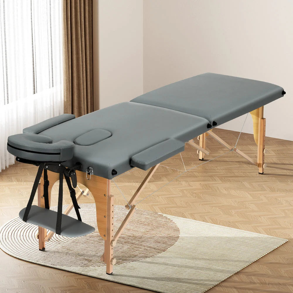 Massage Table 56CM Portable 2-Fold Wooden Beauty Bed - Grey shown on the product page