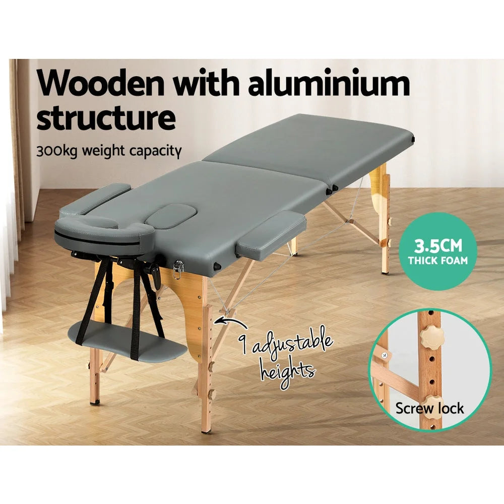Massage Table 56CM Portable 2-Fold Wooden Beauty Bed - Grey