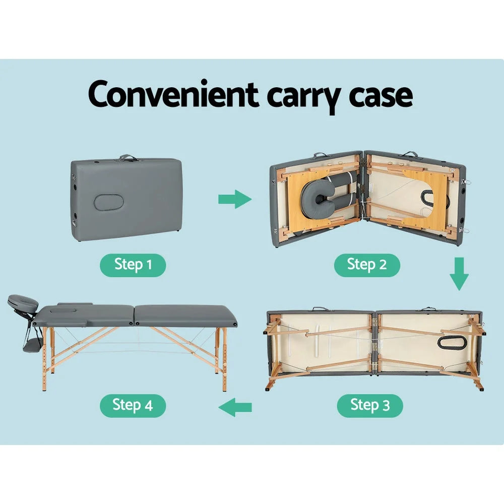 Massage Table 56CM Portable 2-Fold Wooden Beauty Bed - Grey