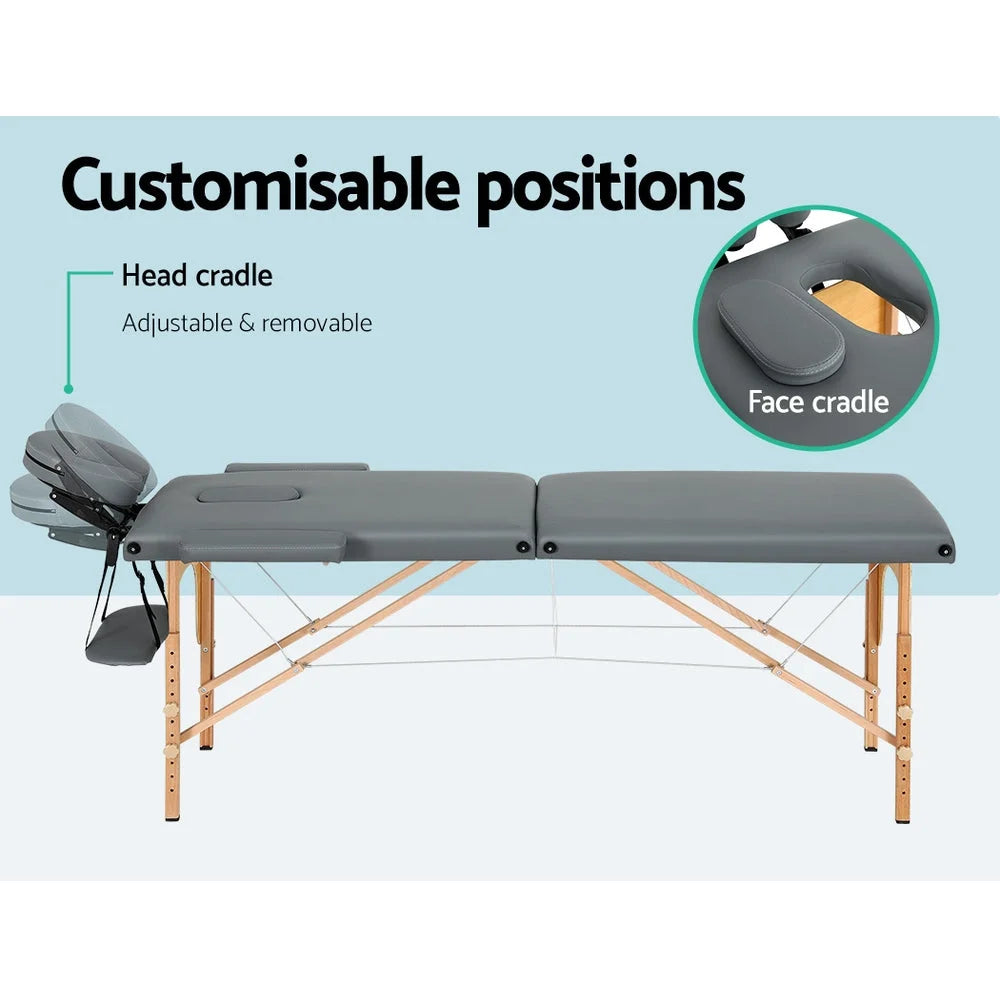 Massage Table 56CM Portable 2-Fold Wooden Beauty Bed - Grey