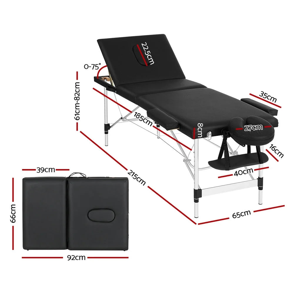 Massage Table 65CM Portable 3-Fold Aluminium Beauty Bed