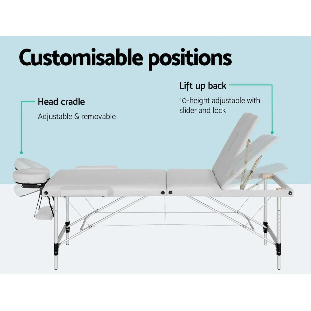 Massage Table 65CM Portable 3-Fold Aluminium Beauty Bed