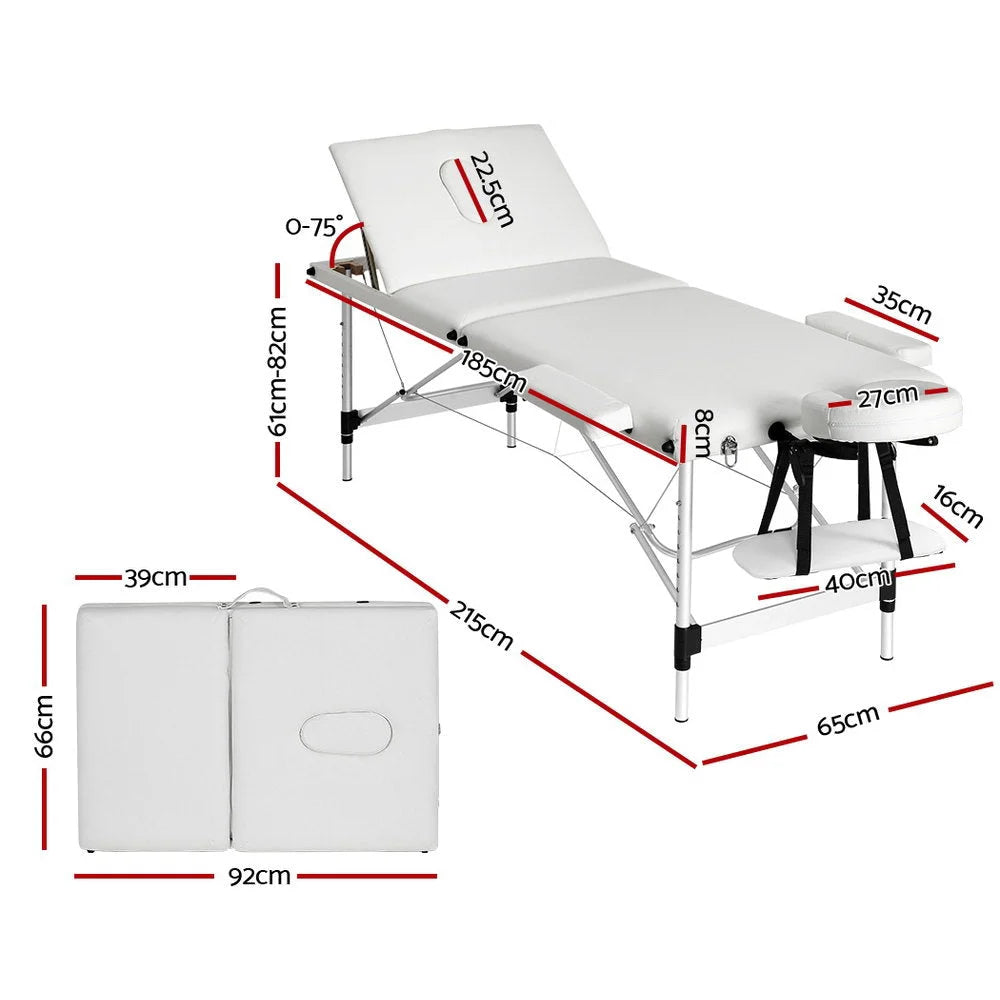 Massage Table 65CM Portable 3-Fold Aluminium Beauty Bed