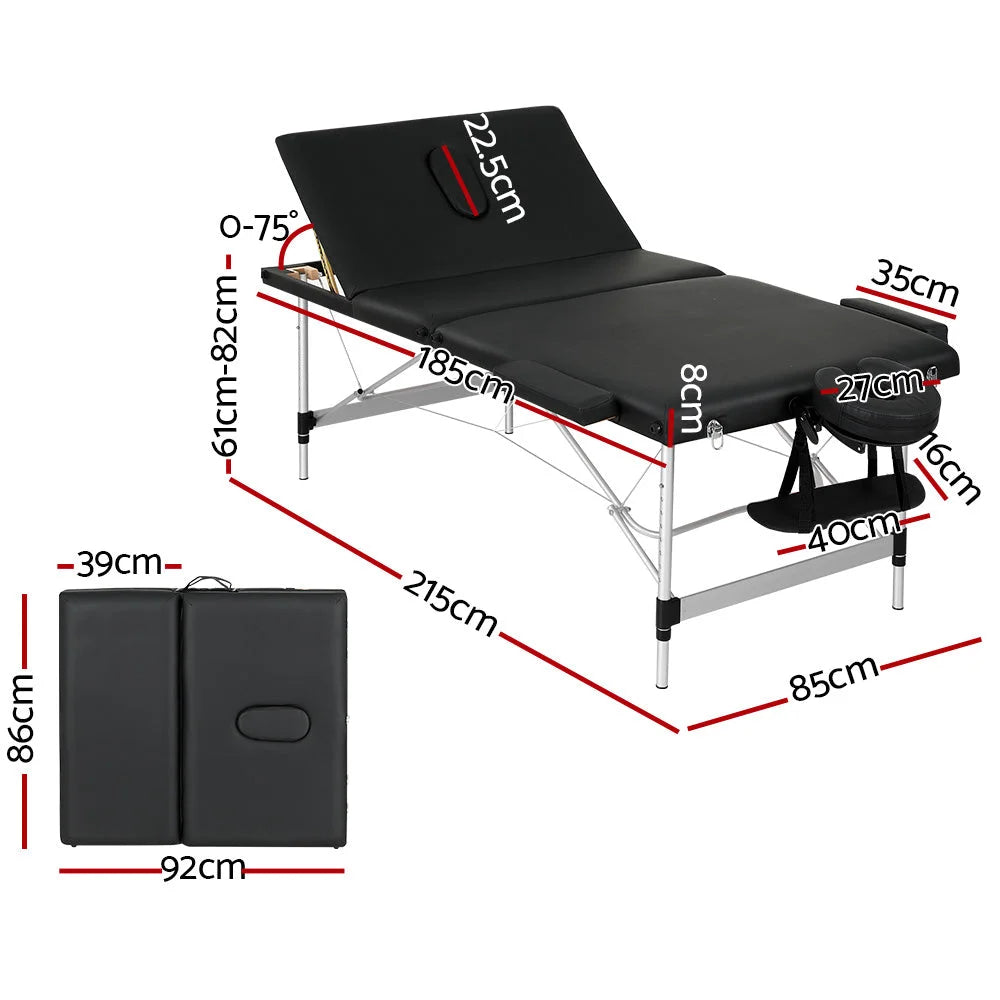 Massage Table 85CM Portable 3-Fold Aluminium Beauty Bed